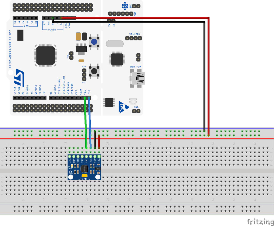 Example of Wiring a STM32 Nucleo64 board with a MPU6050 acceleration sensor